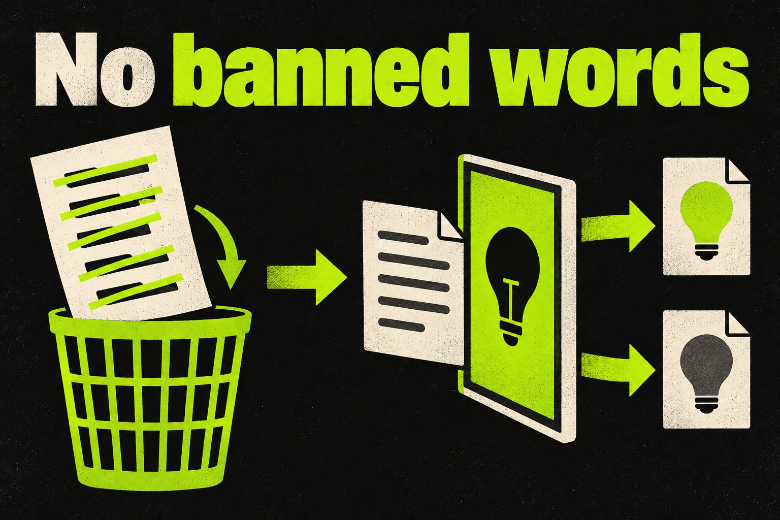 A crossed-out word list beside a screen judging ideas, showing LinkedIn screens recycled ideas rather than specific words