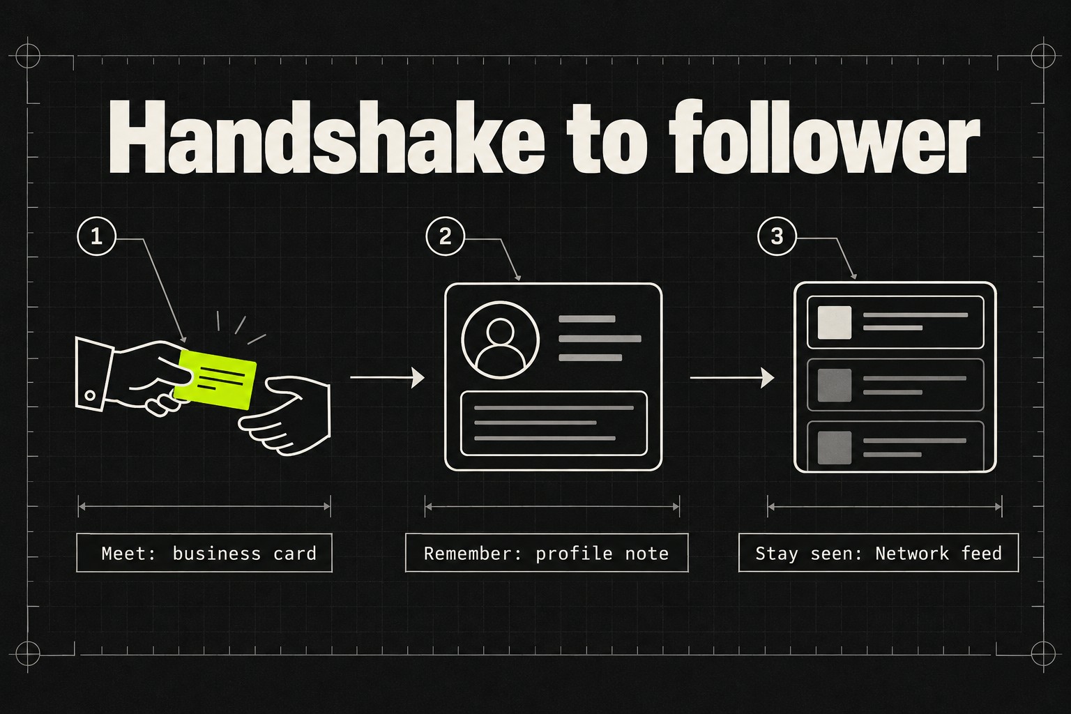 Diagram of LinkedIn's new connection loop: a digital business card creates the connection, a private profile note keeps the context, and the Network feed keeps your posts visible to the people you meet